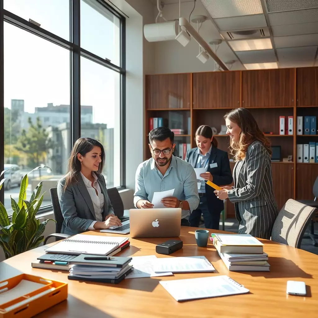 A modern HR office in Washington DC featuring organized files, digital devices with compliance checklists, and professionals engaged in discussion, showcasing a professional and efficient work environment.