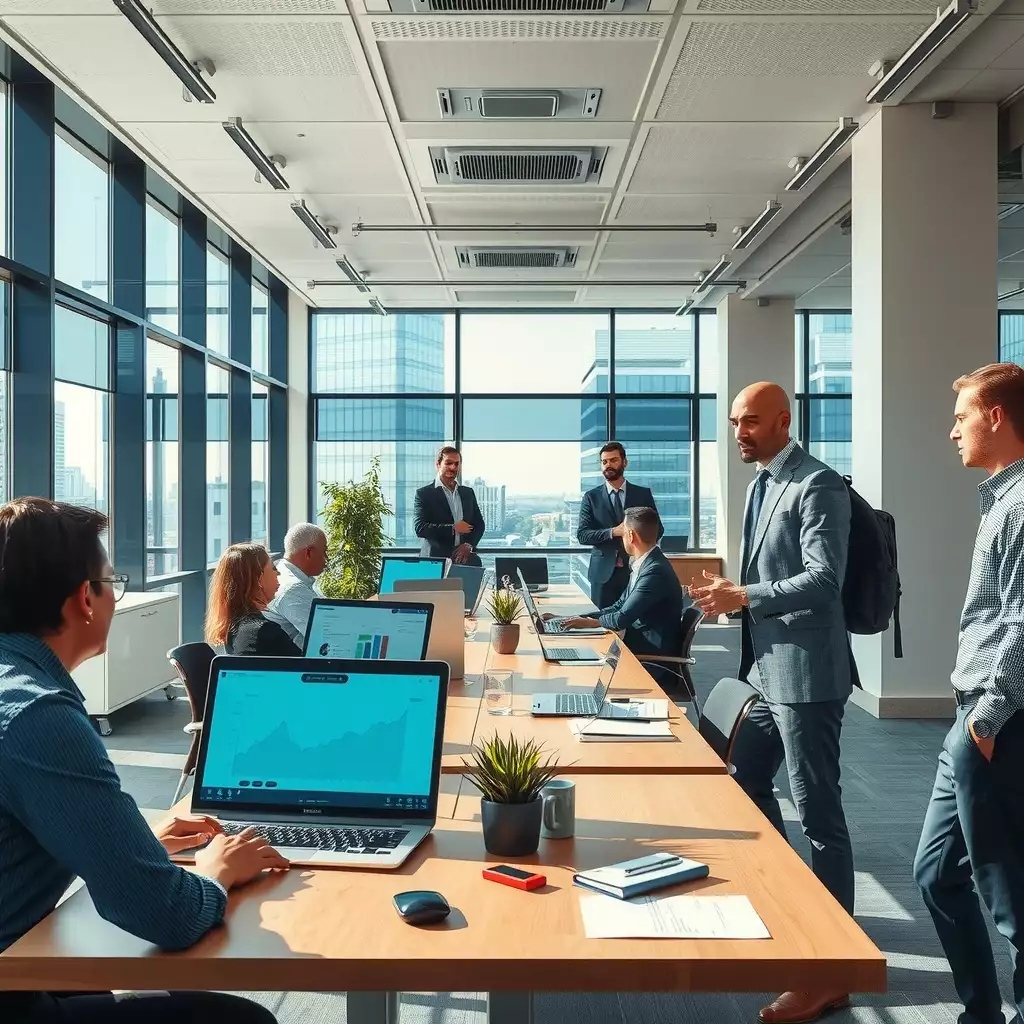 A modern office environment in Washington DC, featuring diverse professionals engaged in discussions about HR privacy and data handling, with elements showcasing secure file storage and digital devices displaying data analytics.