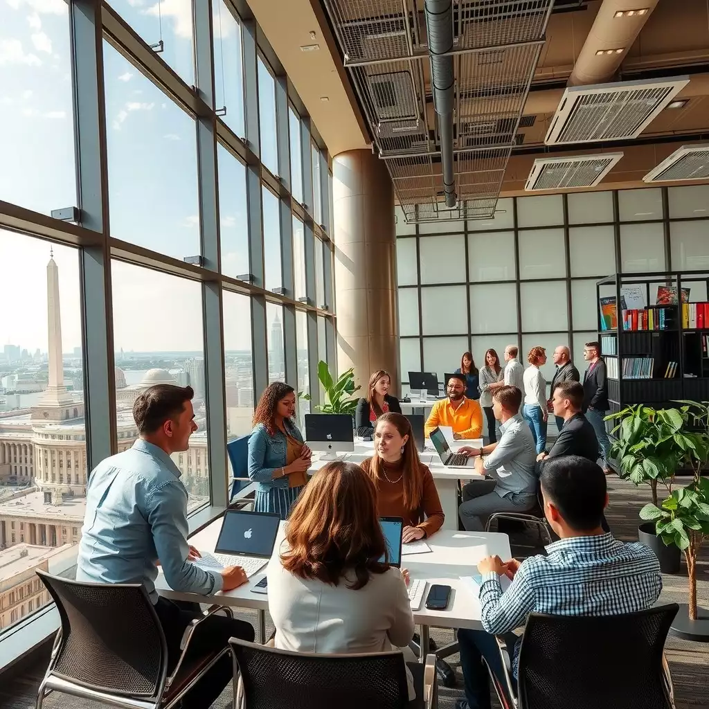 A diverse group of professionals collaborating in a modern office with iconic Washington DC landmarks visible through large windows, showcasing teamwork and strategic planning.