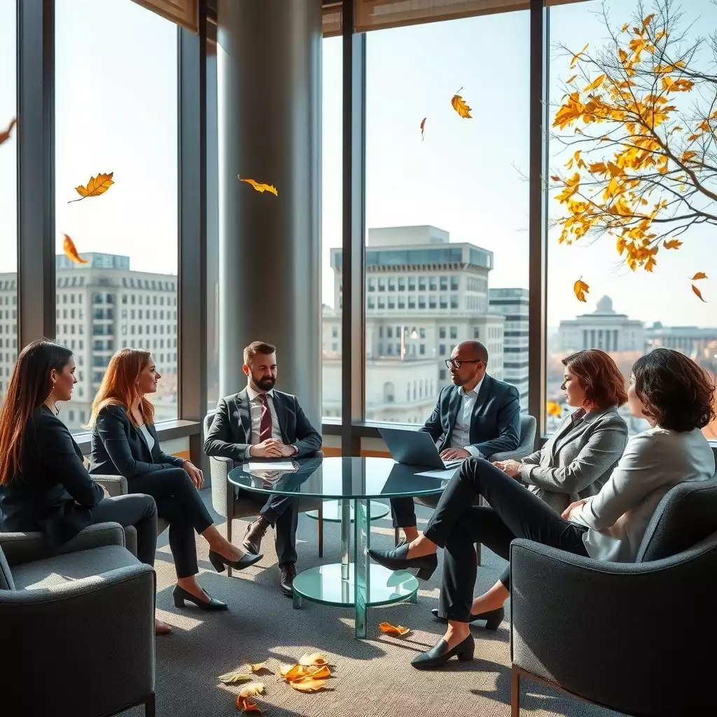 A modern conference room in Washington DC featuring a diverse group of professionals engaged in discussion, with large windows showcasing autumn foliage outside.
