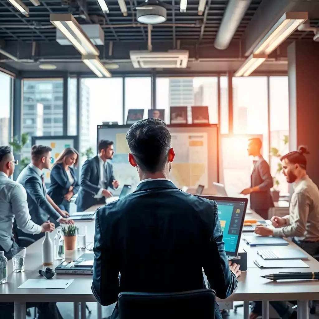 A vibrant office scene depicting diverse staffing professionals collaborating with modern technology, showcasing a dynamic atmosphere of teamwork and growth in the staffing industry.