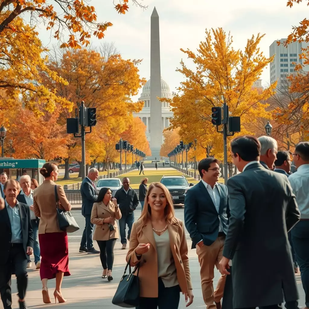 A bustling autumn scene in Washington, DC, featuring professionals engaged in discussions outside historic landmarks, diverse individuals collaborating in modern workspaces, and vibrant city life, all highlighting the dynamic atmosphere of talent and innovation.