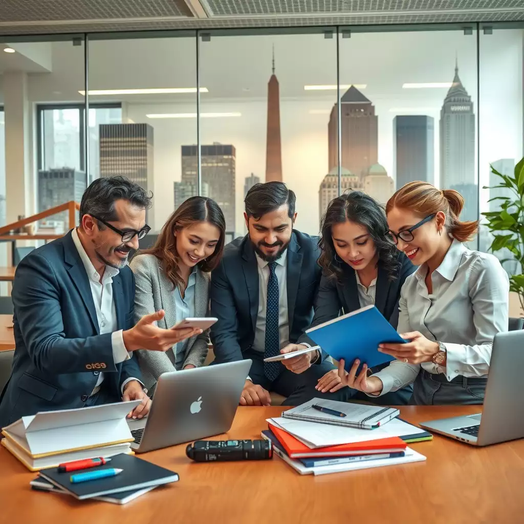 A dynamic office scene in Washington DC, featuring diverse professionals collaborating on digital devices and documents, with iconic landmarks subtly in the background, conveying innovation and strategic planning in vendor management.