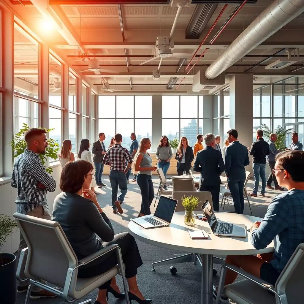 Vibrant office environment in Washington DC featuring diverse professionals engaged in networking and collaboration, with modern workspaces and iconic architecture in the background.