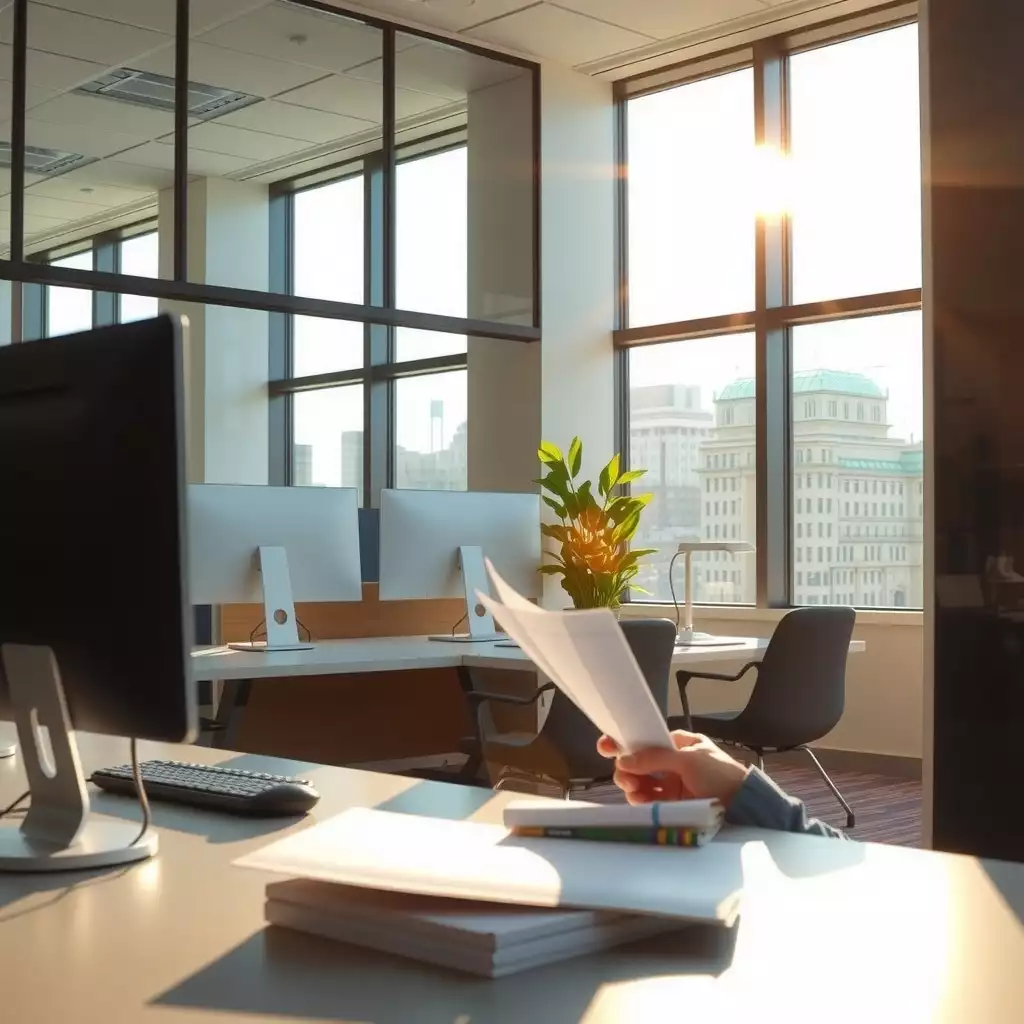 Modern office environment in Washington DC, featuring secured computer stations and confidential documents, emphasizing data security in human resources with a professional and sophisticated atmosphere.