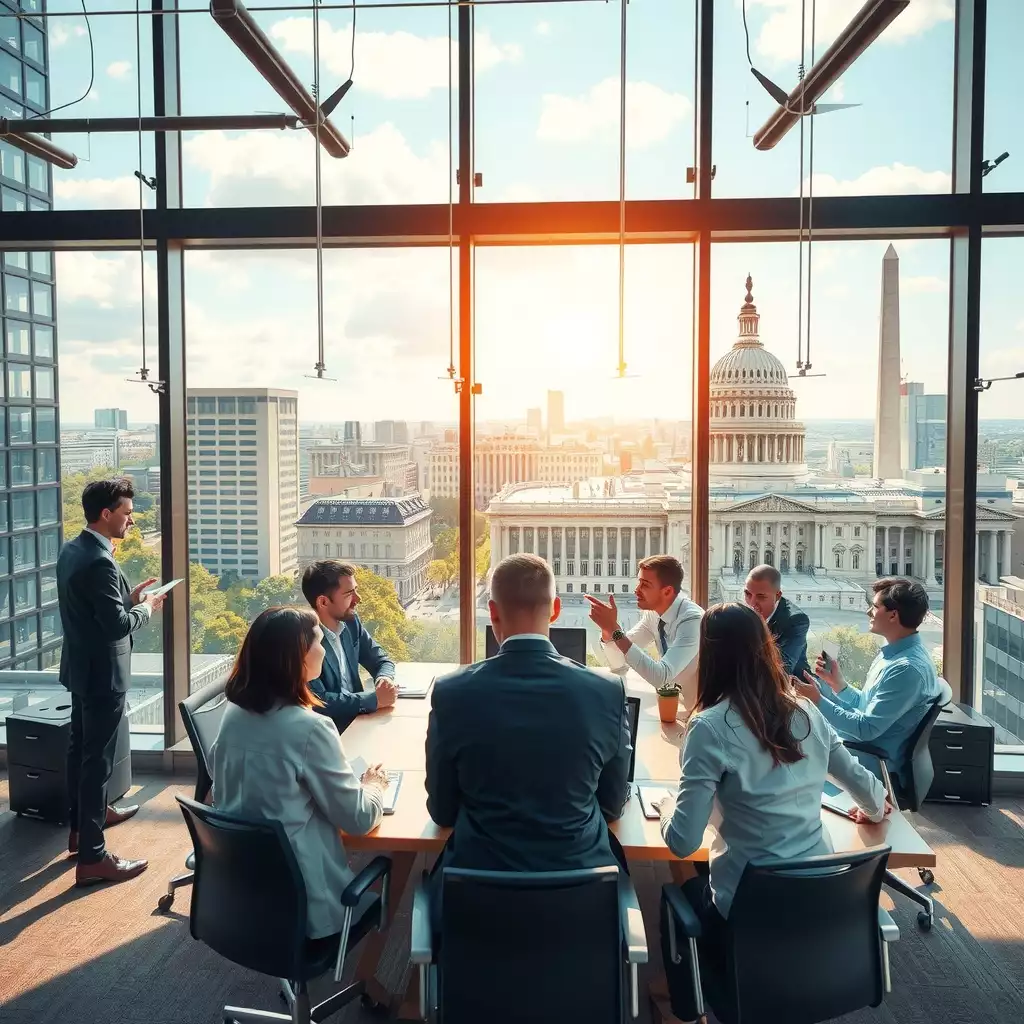 A diverse group of professionals engaged in strategic discussions in a modern office with large windows showcasing iconic Washington DC landmarks, conveying a sense of collaboration and ambition.