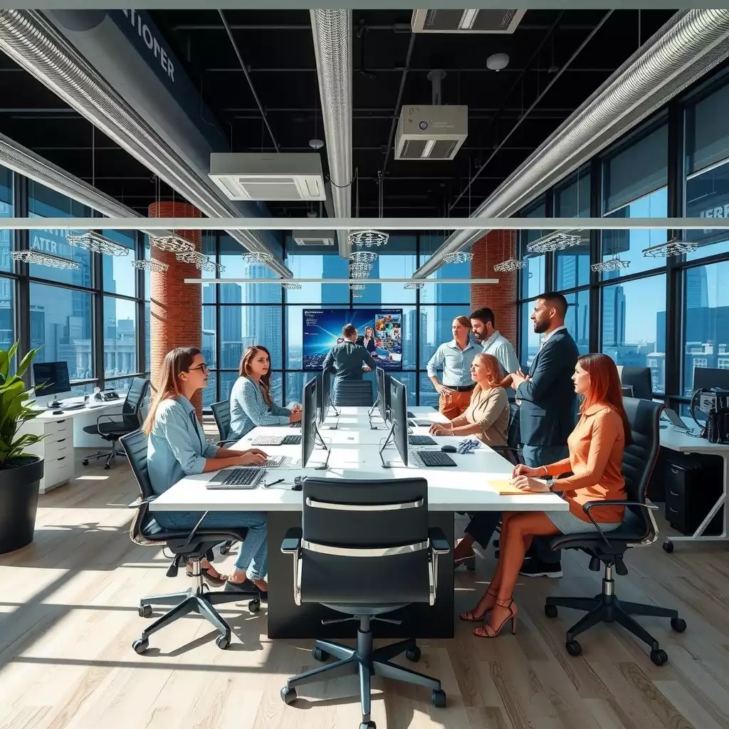 A vibrant office environment in Washington DC featuring diverse professionals collaborating around modern furnishings and technology, embodying teamwork and strategic planning.