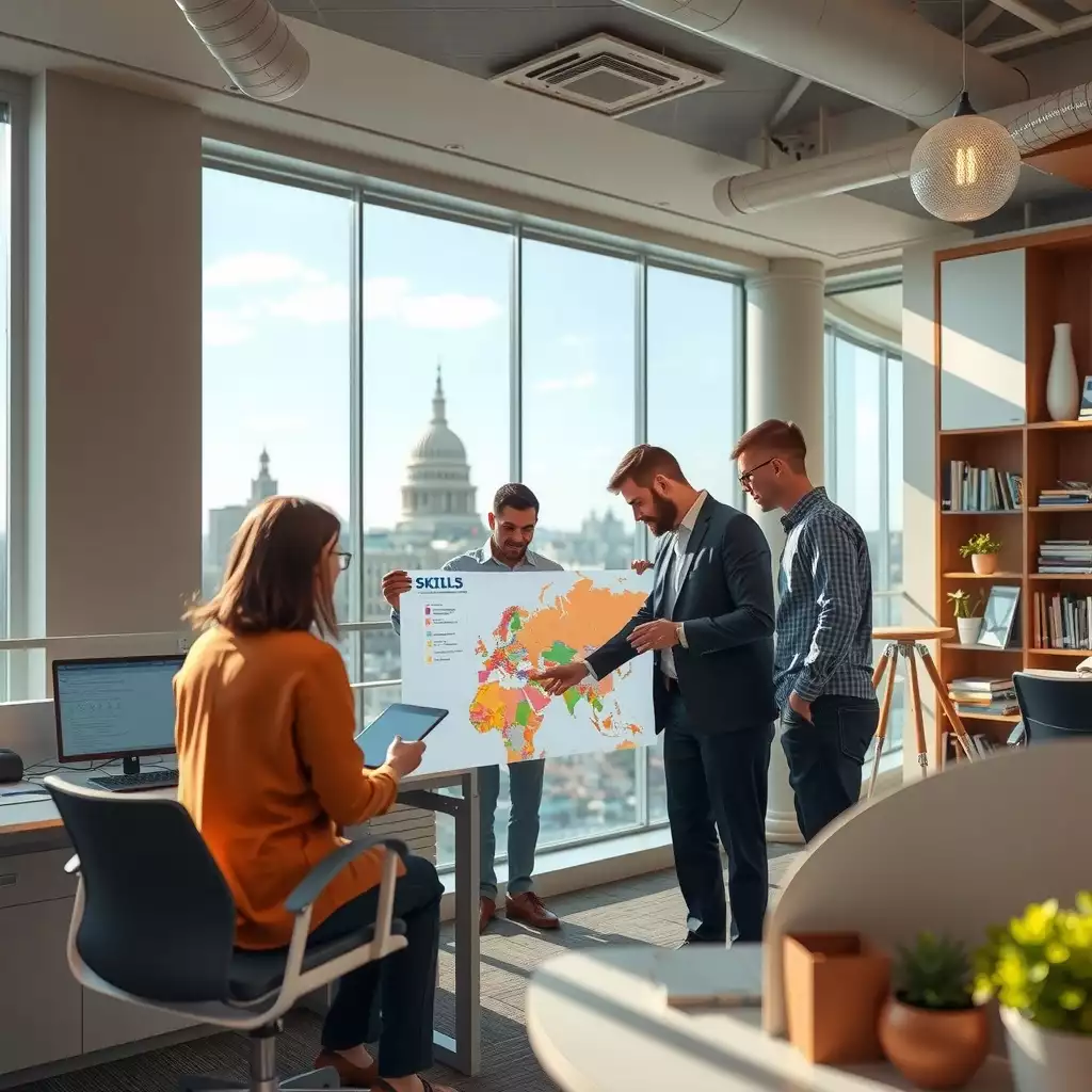 A diverse group of professionals collaborates around a large map and digital display in a modern office setting, showcasing teamwork and innovation against a backdrop of iconic Washington DC architecture.