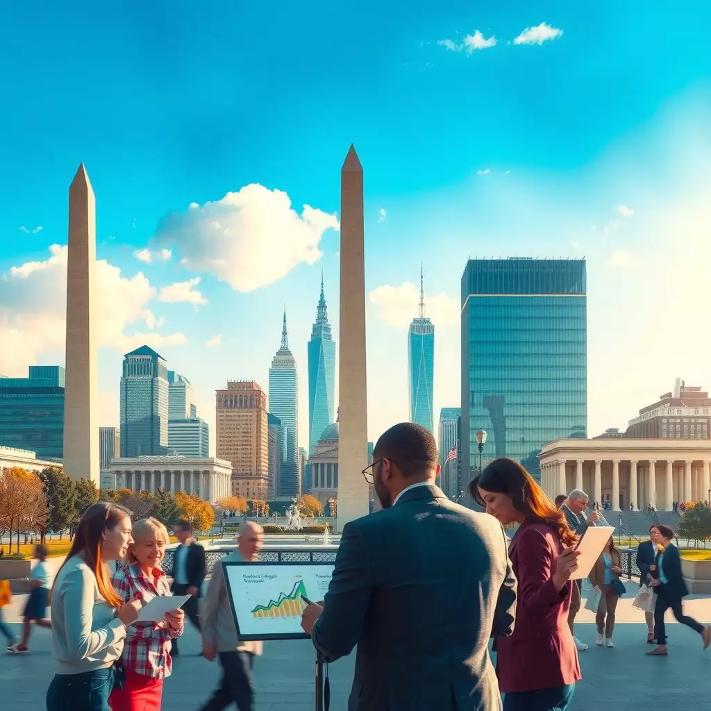 A vibrant urban scene in Washington DC, showcasing iconic landmarks and diverse people collaborating around digital devices and documents, with charts and infographics highlighting financial savings and efficiency.