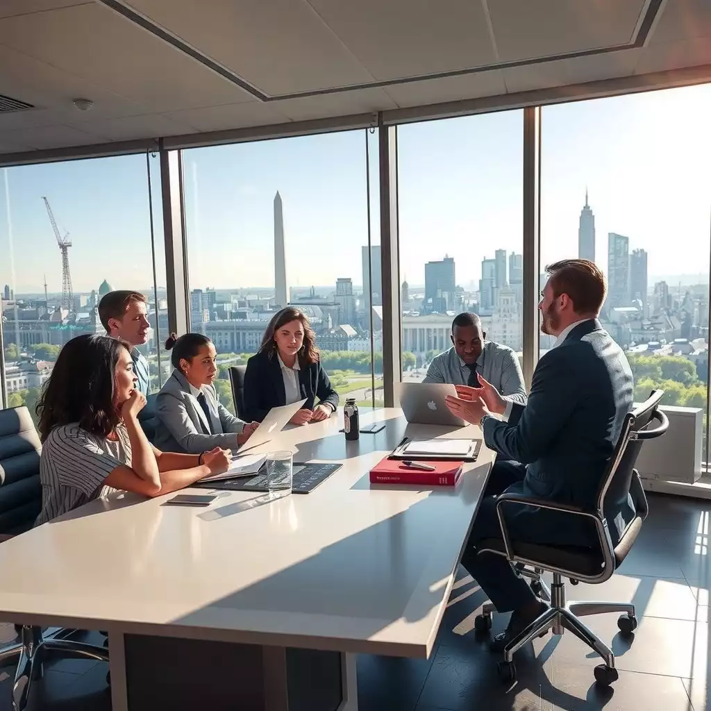A diverse group of professionals engaged in a strategic negotiation around a modern conference table, with iconic Washington, D.C. landmarks visible through large windows.