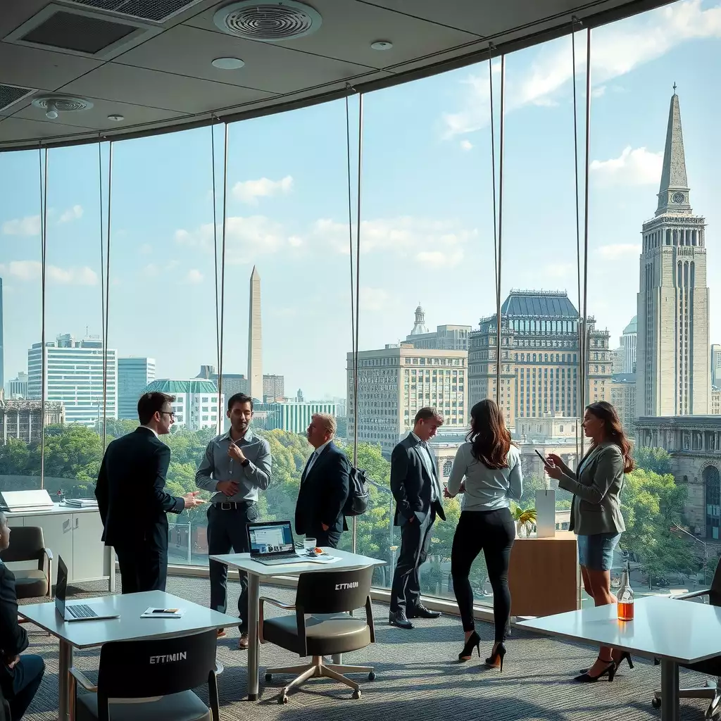 A vibrant office environment in Washington DC, featuring professionals engaged in discussions and collaboration, with the city's skyline visible in the background.