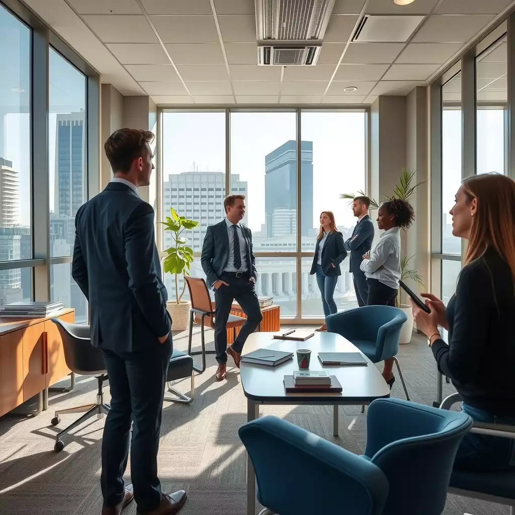 A modern office environment in Washington DC featuring engaged employees collaborating around a sleek conference table, with large windows allowing natural light to illuminate the space.