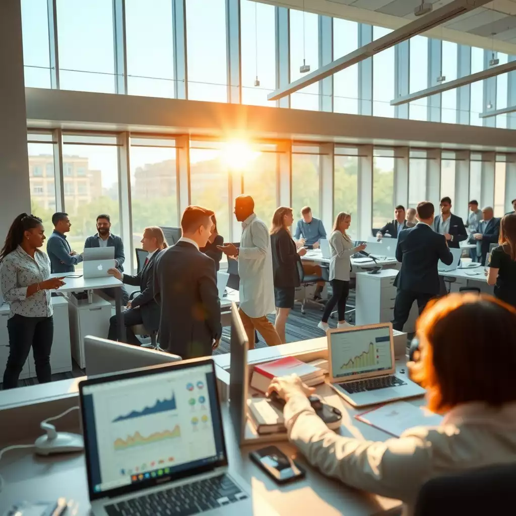A bustling office environment in Washington, DC, showcasing collaborative teamwork and advanced performance monitoring tools, with engaged staff members and interactive dashboards.