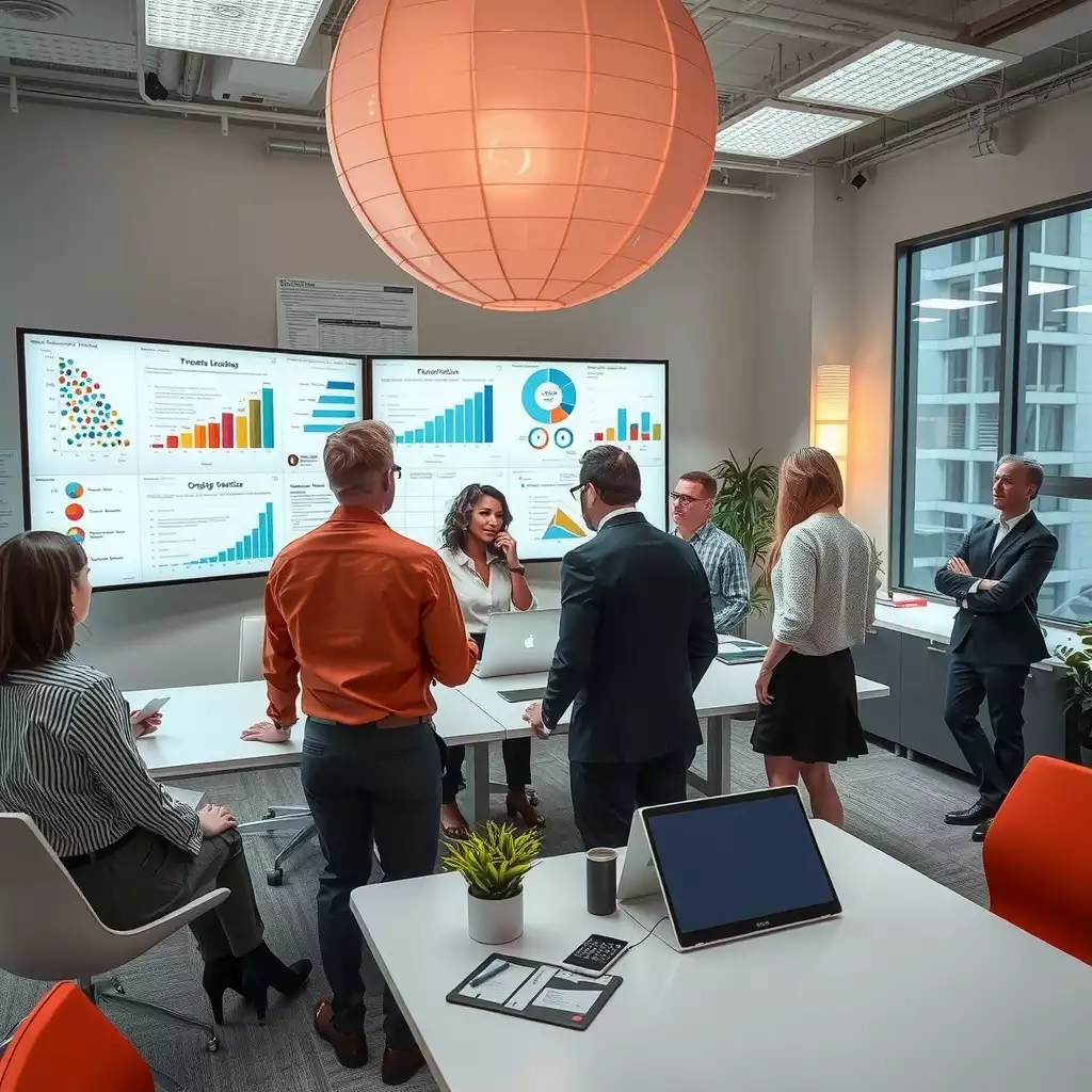 A dynamic planning session in a modern office, featuring diverse professionals discussing growth projections on digital screens, embodying collaboration and innovation.