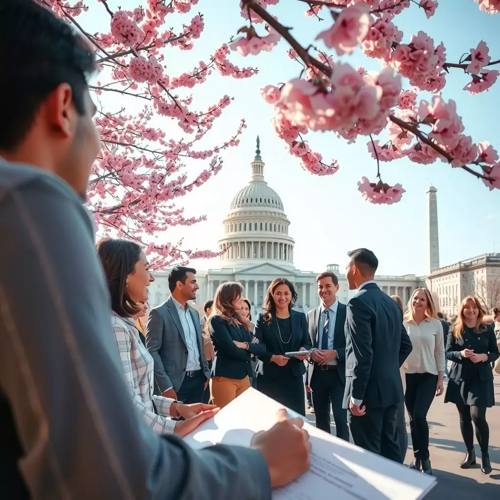 A diverse group of professionals engages in collaborative discussions surrounded by blooming cherry blossoms and iconic Washington, DC landmarks, capturing the spirit of teamwork and partnership.