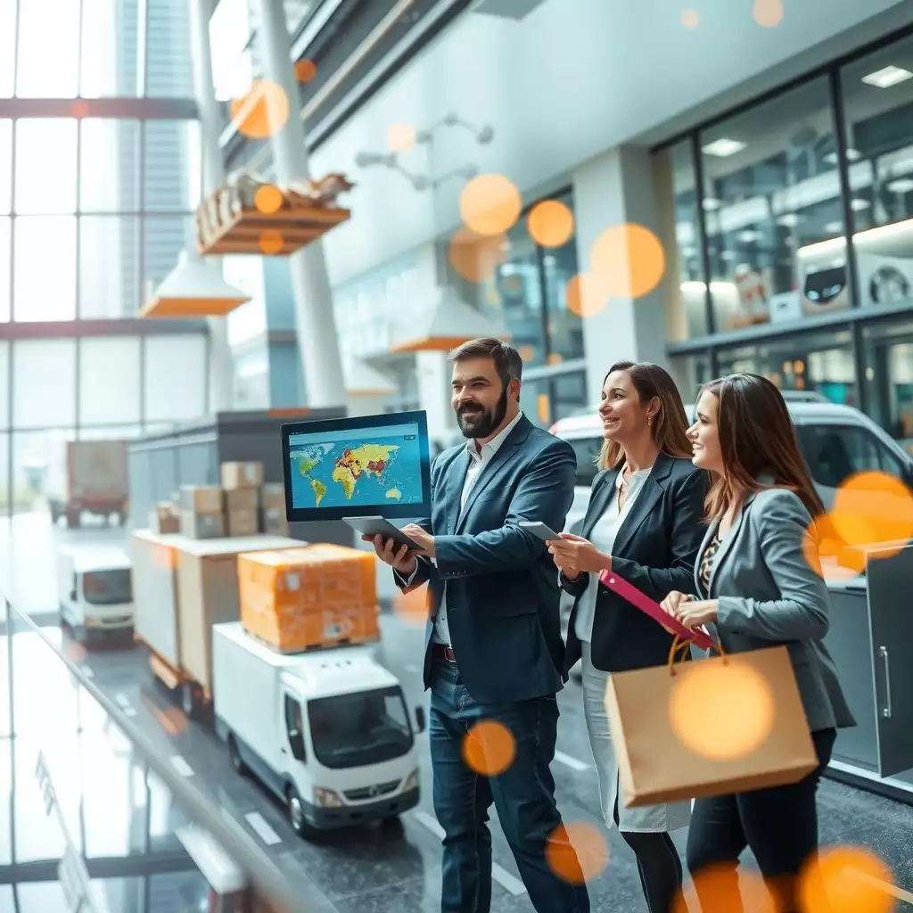 A bustling urban scene depicting professionals collaborating on supply transitions, with modern office spaces, digital logistics tools, and transportation vehicles, all showcasing the energy and innovation of Washington DC.