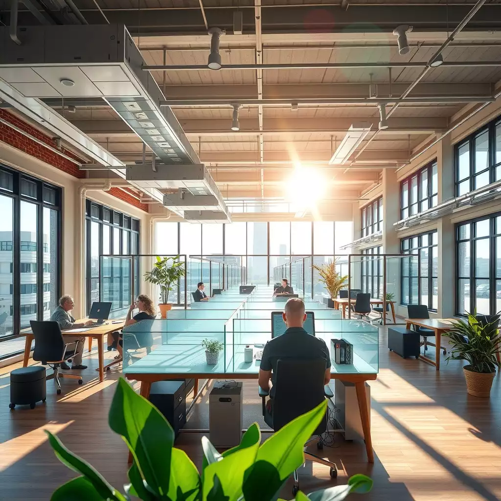A vibrant and modern workspace in Washington DC, featuring open-plan offices, communal areas, and elements of local culture, designed to inspire collaboration and productivity among agency workers.