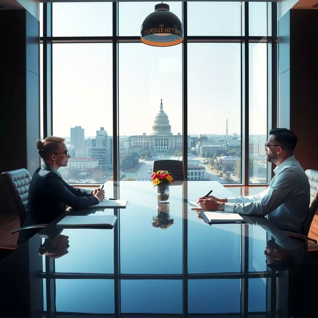 Professional office setting in Washington D.C. featuring executives in discussion around a conference table, with documents organized and the skyline visible through large windows.