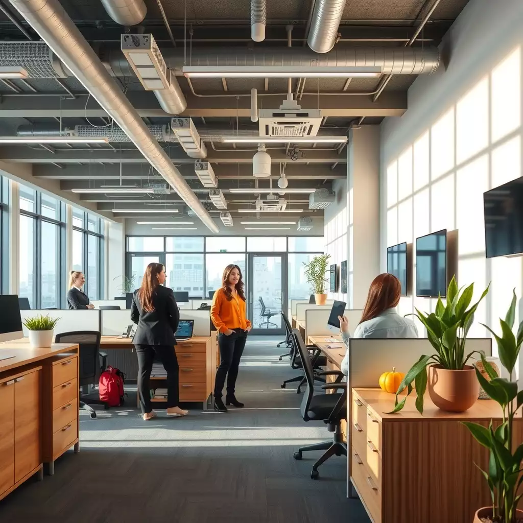 A professional office space of a staffing agency, featuring engaged staff members interacting with clients, modern decor, and a vibrant, dynamic atmosphere.
