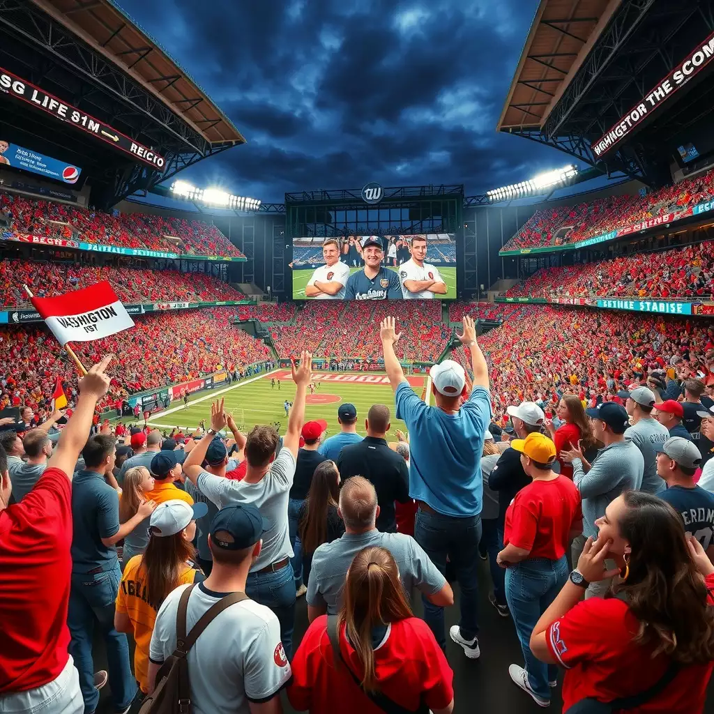 A vibrant scene of enthusiastic sports fans in Washington D.C., showcasing team spirit with colorful attire at a bustling game day, capturing the energy and community of local sports culture.