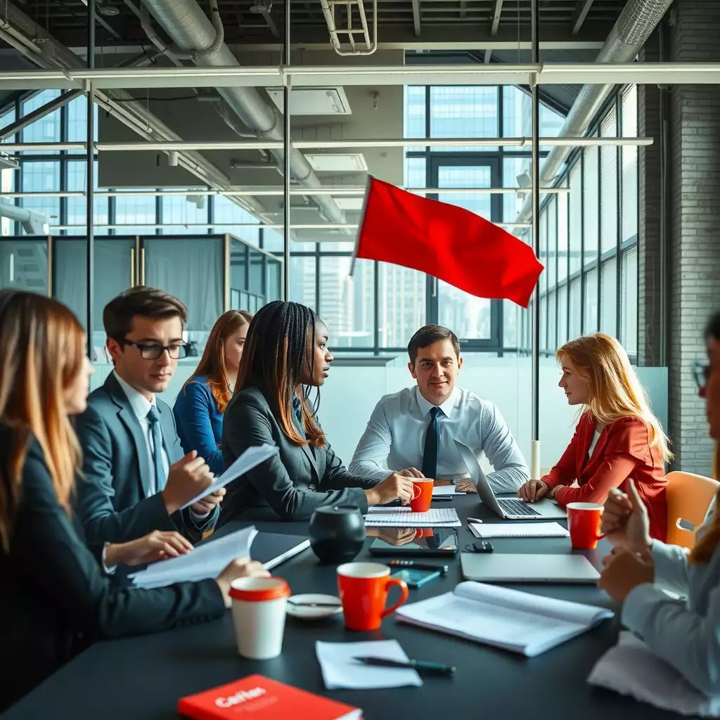 A diverse group of professionals engaged in a meeting, surrounded by laptops, documents, and coffee cups, with subtle red flags integrated into the background, conveying urgency and caution in a bustling office environment.