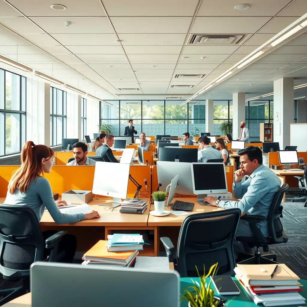 A vibrant office scene in Washington DC, featuring engaged professionals collaborating at their desks, showcasing teamwork and productivity in a dynamic work environment.