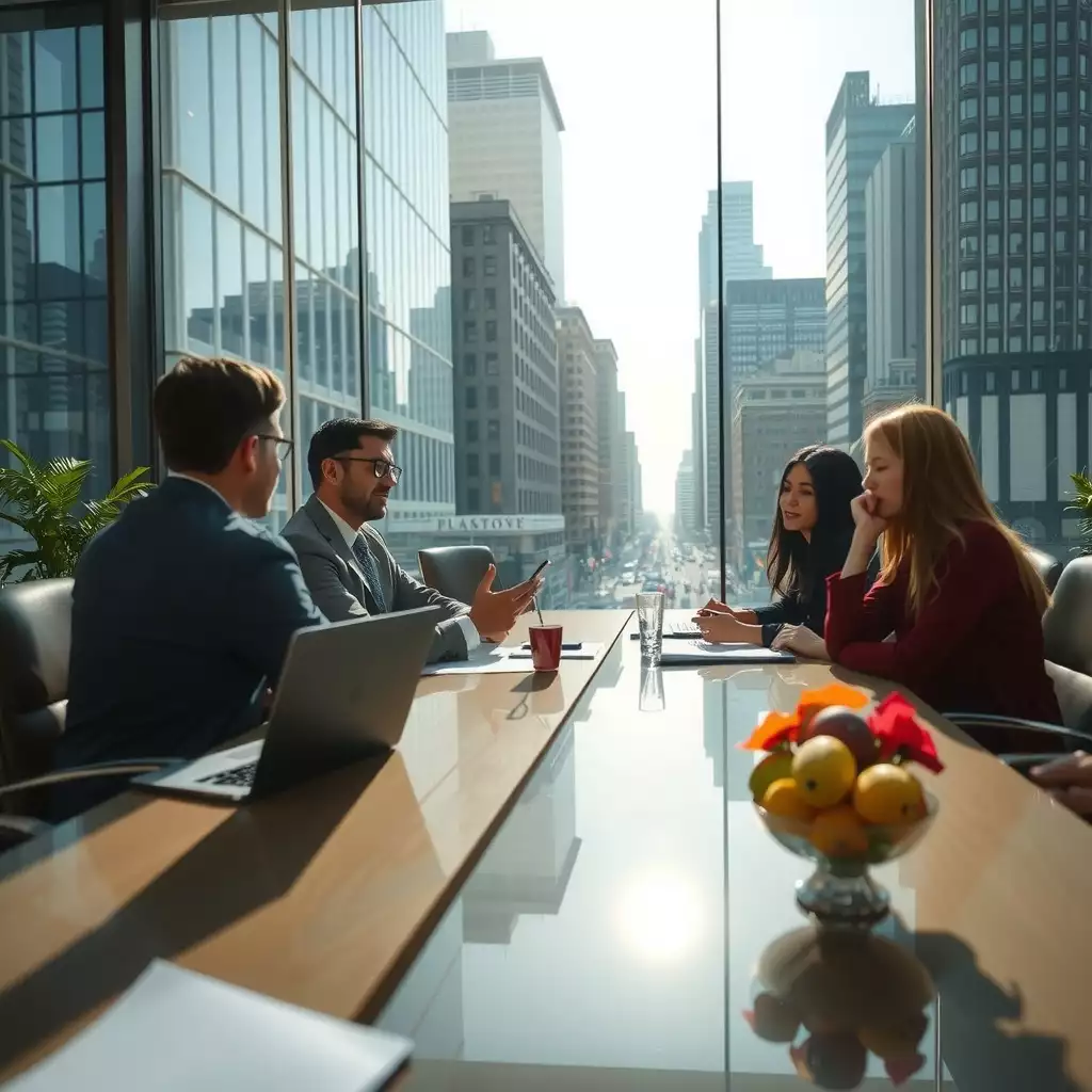 A diverse team engaged in a collaborative meeting in a modern office setting, with vibrant city views and a focus on productivity and innovation.