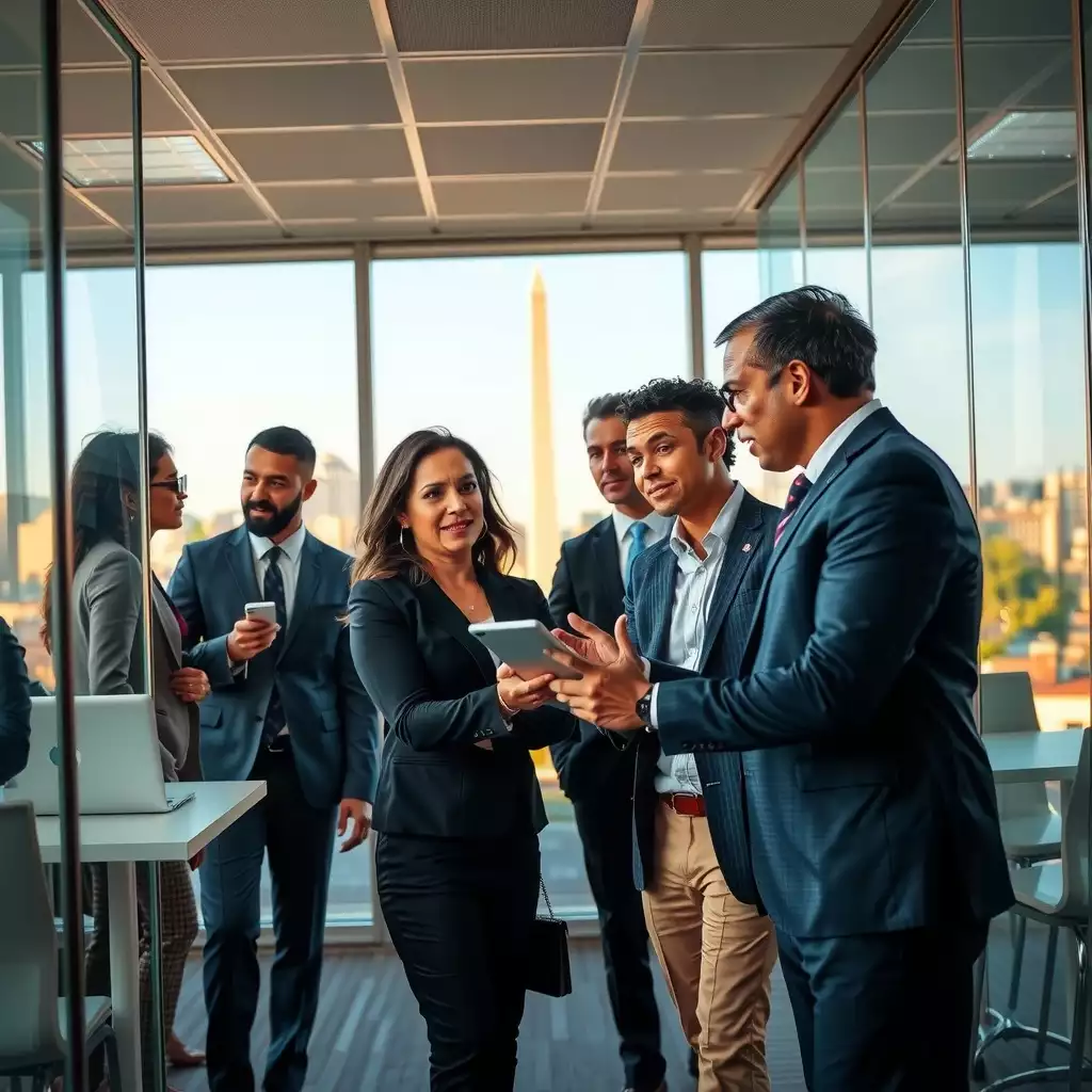 A diverse group of professionals collaborating in a modern office with technology, set against the Washington DC skyline, emphasizing teamwork and efficient staffing solutions.