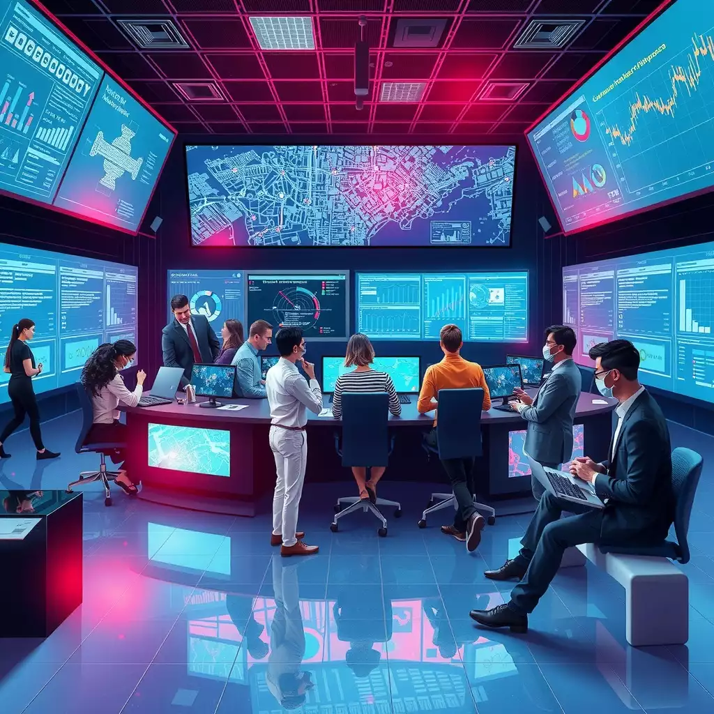 A high-tech command center in Washington DC, featuring diverse professionals collaborating around multiple screens displaying real-time cybersecurity data and analytics. The atmosphere is tense yet focused, with digital maps and visual representations of security breaches highlighting the urgency of the situation.