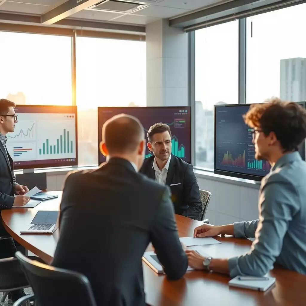Dynamic meeting room with diverse professionals collaborating over performance metrics on modern screens, featuring charts and graphs that highlight a strategic discussion.