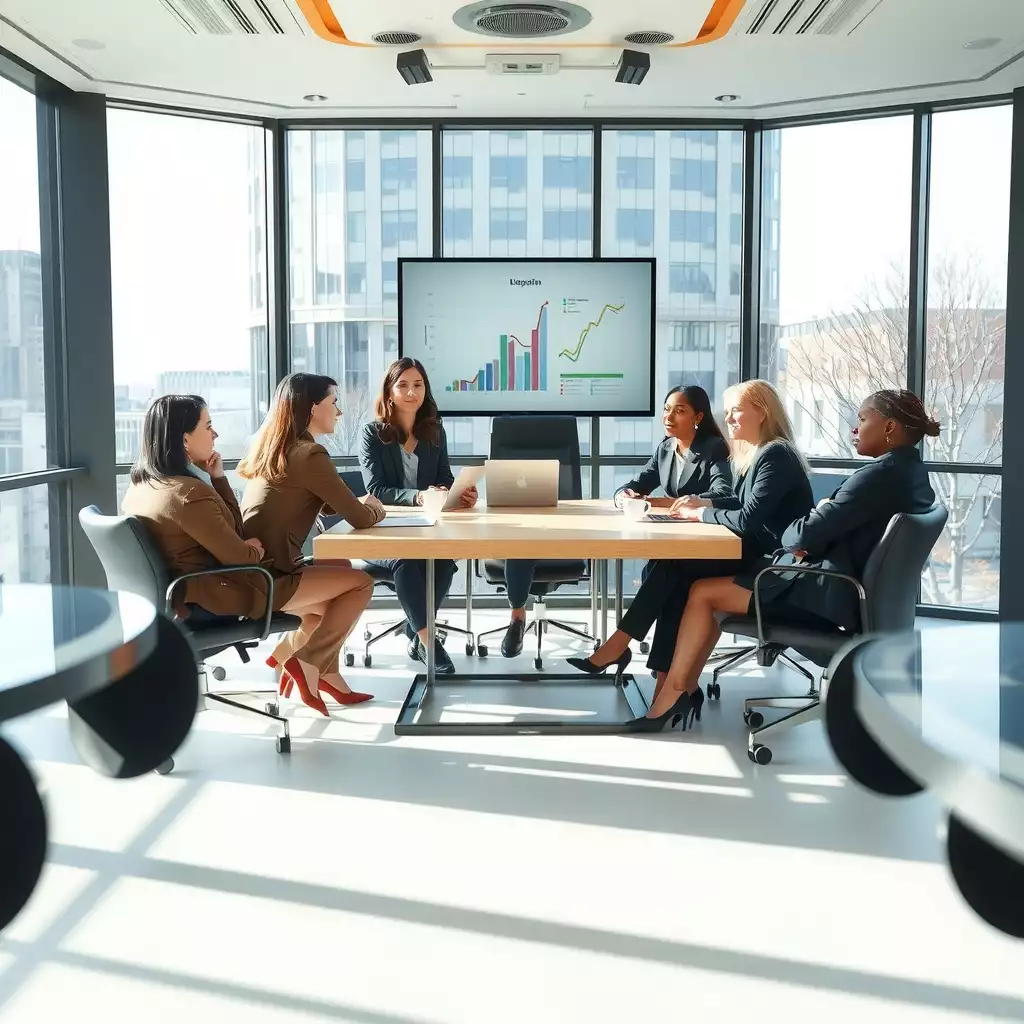 Diverse group of executives engaged in a strategic meeting around a modern conference table, surrounded by large windows, with charts and laptops visible, conveying a sense of collaboration and professionalism.