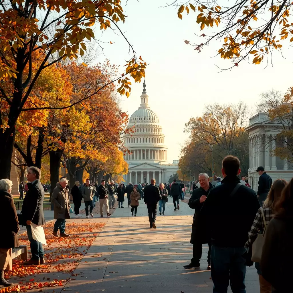 A vibrant autumn scene in Washington, D.C., featuring golden leaves falling from trees along the National Mall, with engaged citizens in discussion near iconic landmarks like the Capitol Building and the White House, capturing the spirit of civic engagement and political discourse.