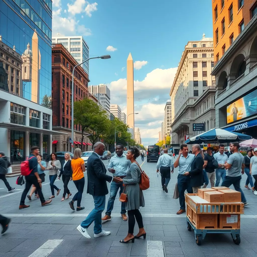 A vibrant scene depicting diverse Washington DC suppliers collaborating, featuring iconic landmarks and elements that reflect the city's history and innovation.
