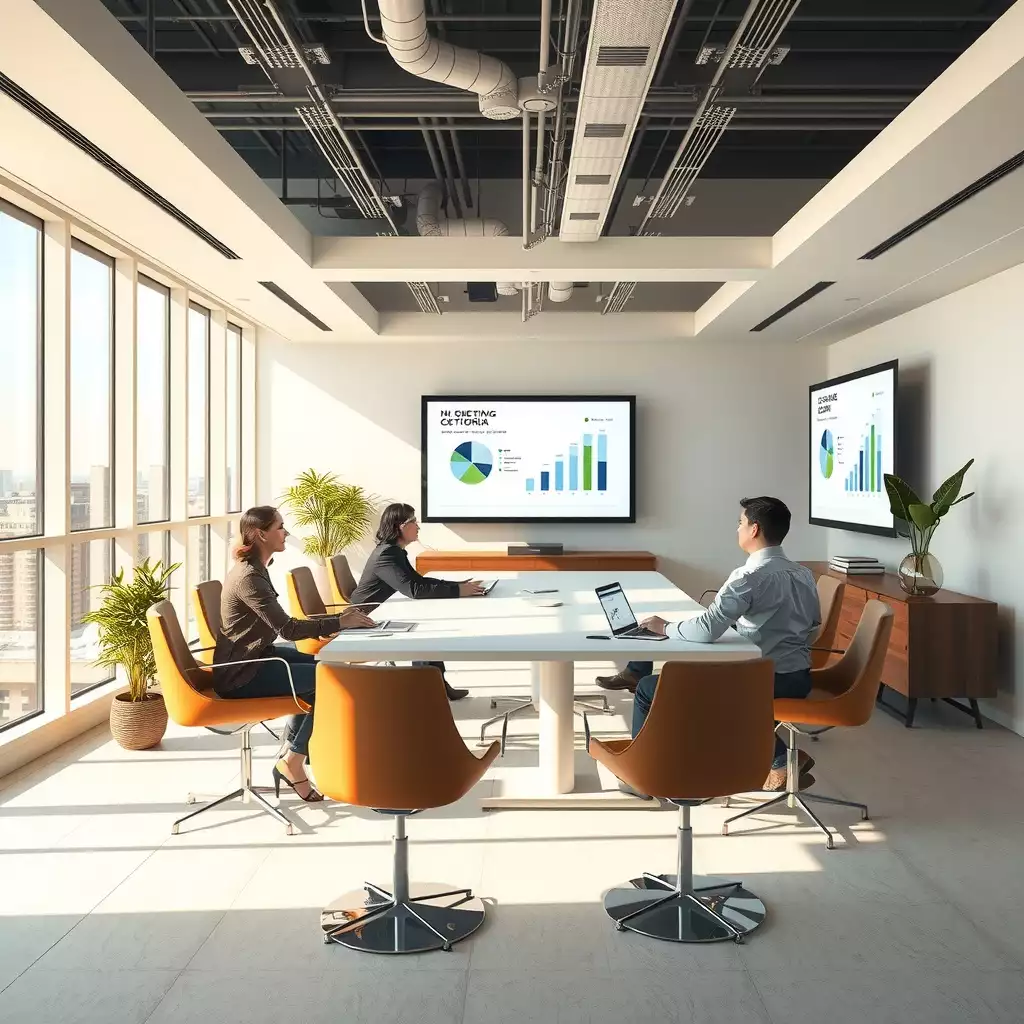 A modern conference room in Washington, DC, designed for quarterly review meetings, featuring a large table surrounded by engaged partners, high-tech presentation tools displaying charts and graphs on the walls, and a vibrant atmosphere of collaboration and innovation.