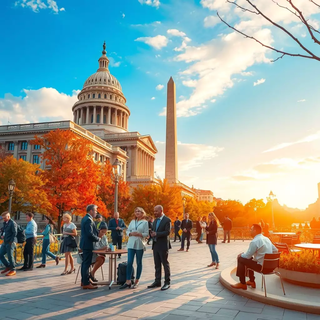 A vibrant urban scene in Washington DC featuring professionals collaborating at outdoor tables, with historic architecture and the city skyline in the background, reflecting innovation and teamwork in the vendor selection process.