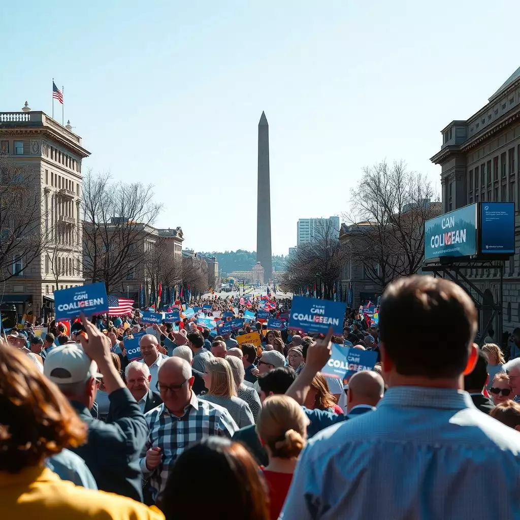 A vibrant scene of a political campaign event in Washington DC, featuring candidates engaging with supporters against a backdrop of iconic landmarks, capturing the energy and determination of civic engagement.