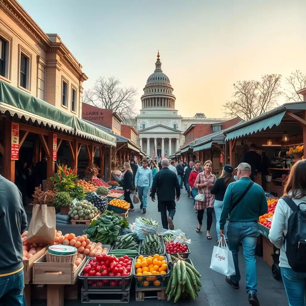 A vibrant marketplace in Washington DC, filled with colorful stalls of fresh produce and artisanal goods, bustling with enthusiastic shoppers against a backdrop of iconic architecture.