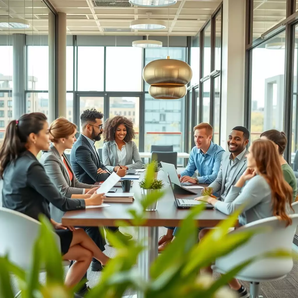 A diverse group of hiring professionals collaborating in a modern office setting, with assessment tools and digital devices visible, reflecting a professional atmosphere.