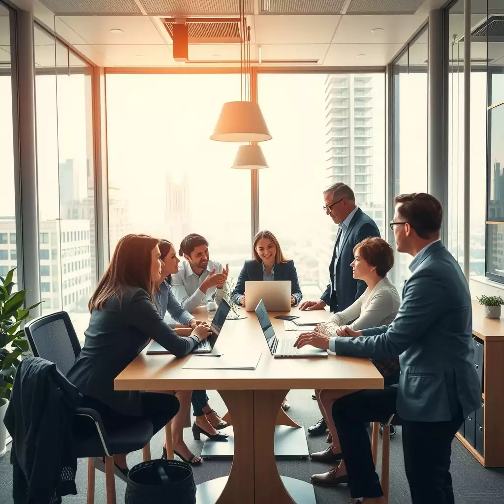 A diverse group of professionals engaged in a collaborative discussion in a modern office environment, with charts and documents on the table, showcasing an atmosphere of professionalism and innovation.