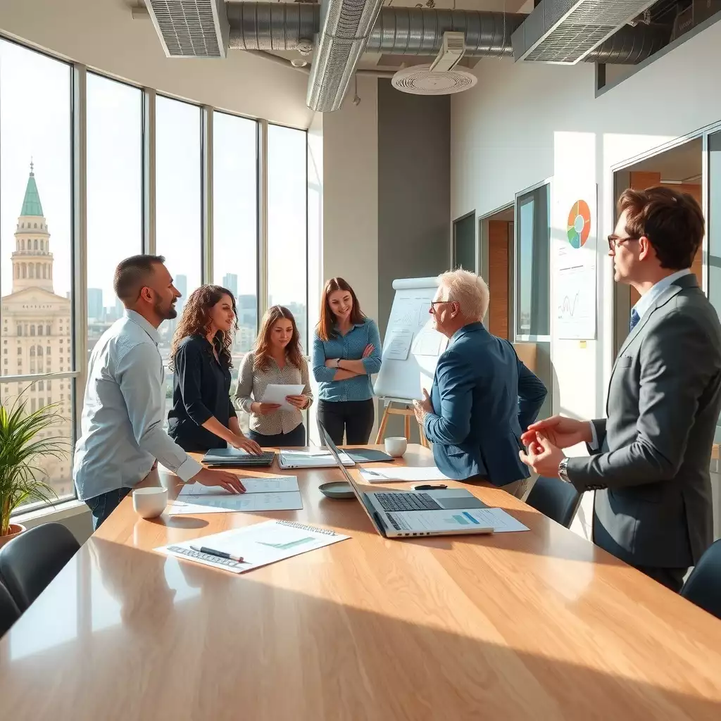 A diverse team engaged in a strategic meeting in a modern office, surrounded by charts and data visualizations, reflecting collaboration and focus on goal-setting.