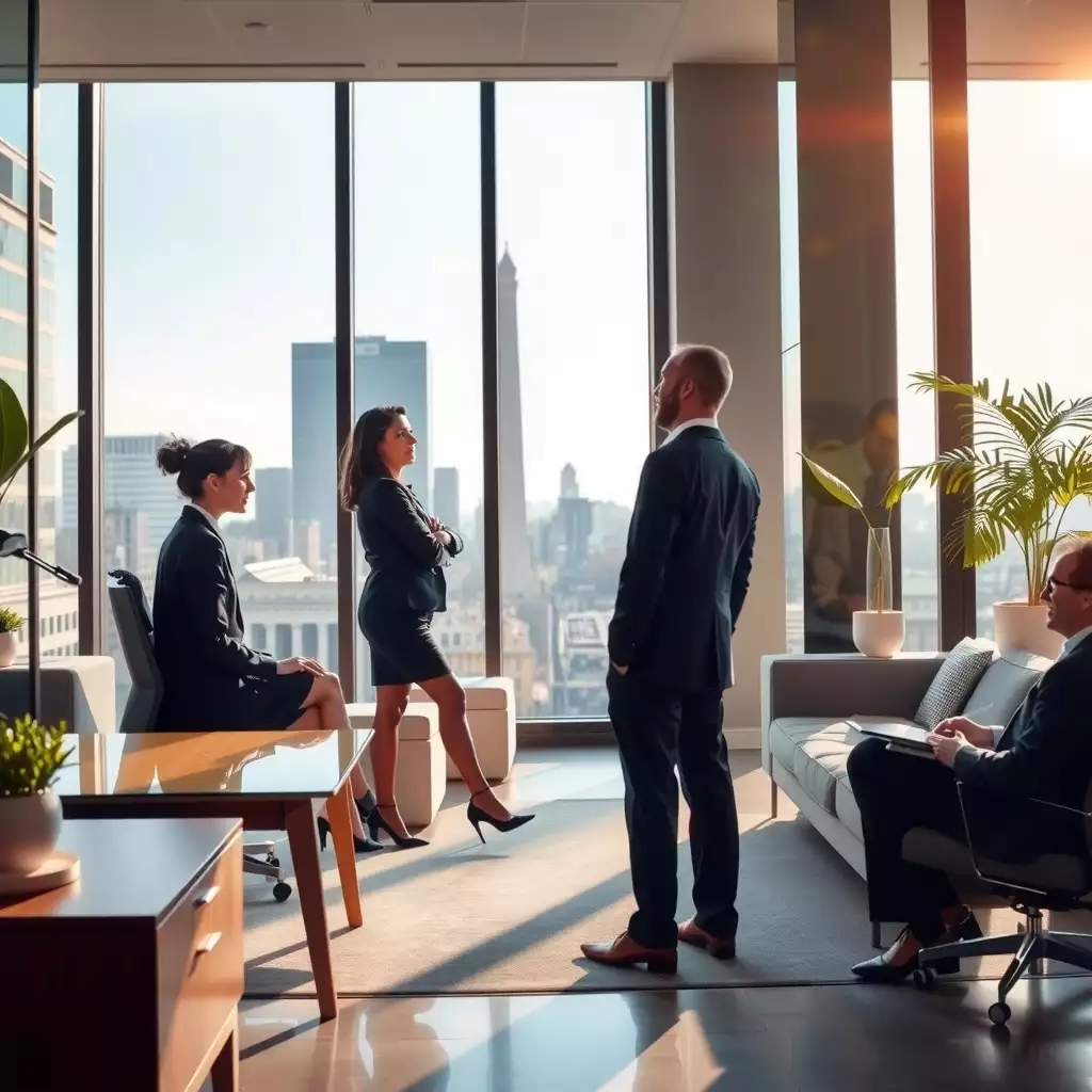 Sophisticated office environment in Washington, DC, featuring modern furnishings and engaged professionals in discussion, with iconic city architecture subtly visible in the background.