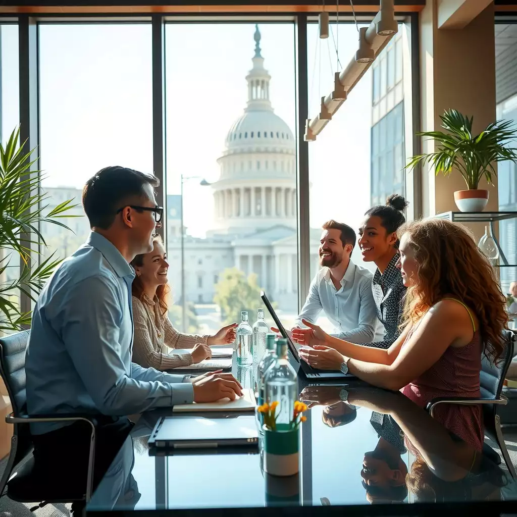 A vibrant office scene in Washington, D.C., showcasing a diverse team engaged in collaborative discussions, with modern design elements and natural light illuminating the space.
