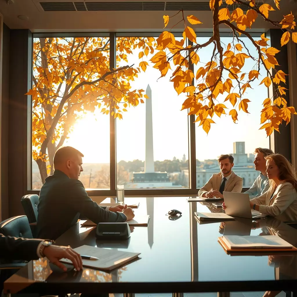 A modern conference room in Washington DC with professionals engaged in discussion, surrounded by autumn leaves and city views, symbolizing decision-making and collaboration.