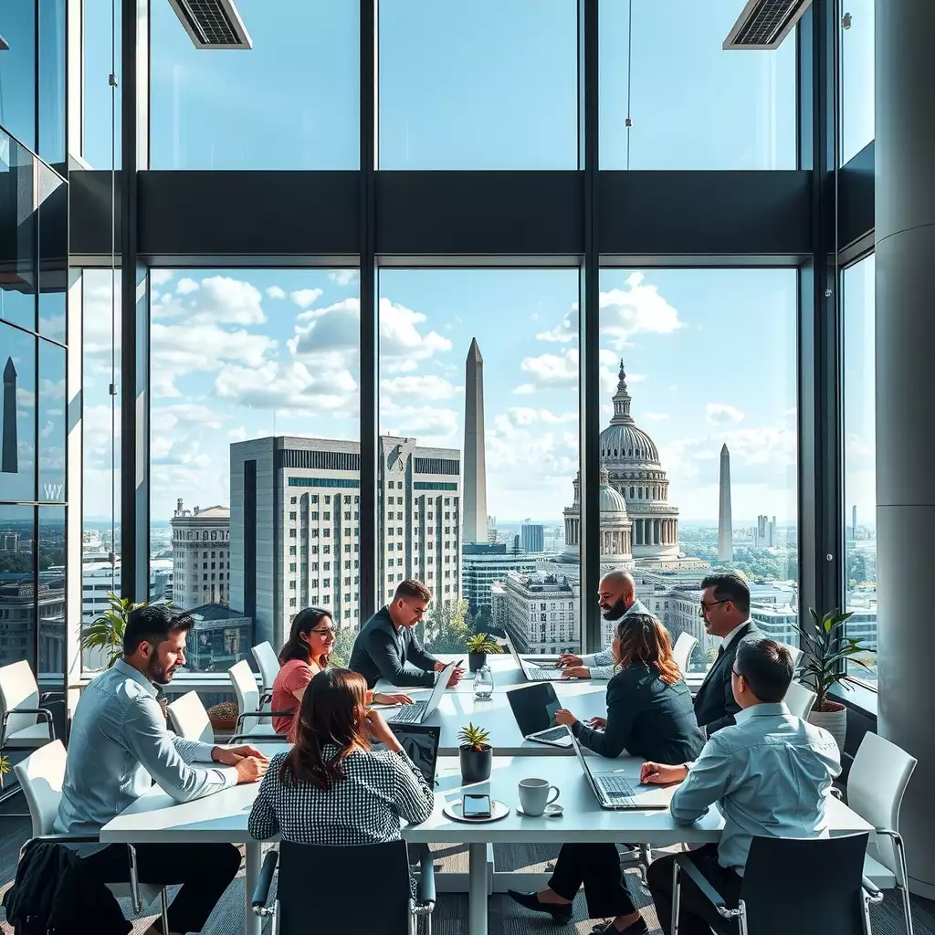 A modern office environment in Washington DC featuring diverse professionals collaborating over laptops and documents, with iconic city landmarks visible through large windows.