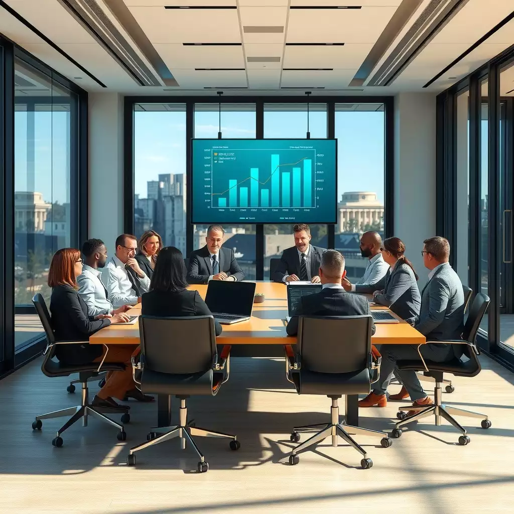Diverse group of professionals engaged in discussion around a modern conference table, with digital screens displaying graphs and data in a sleek office setting.