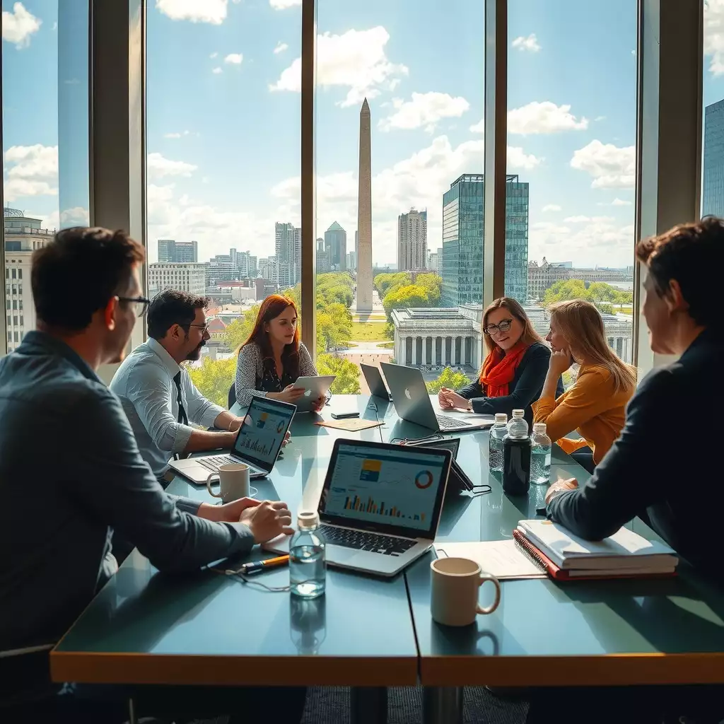 A diverse group of vendors engaged in a collaborative meeting in a modern conference room, with large windows showcasing iconic Washington DC landmarks. Participants are discussing and analyzing data on laptops and screens, embodying teamwork and innovation.