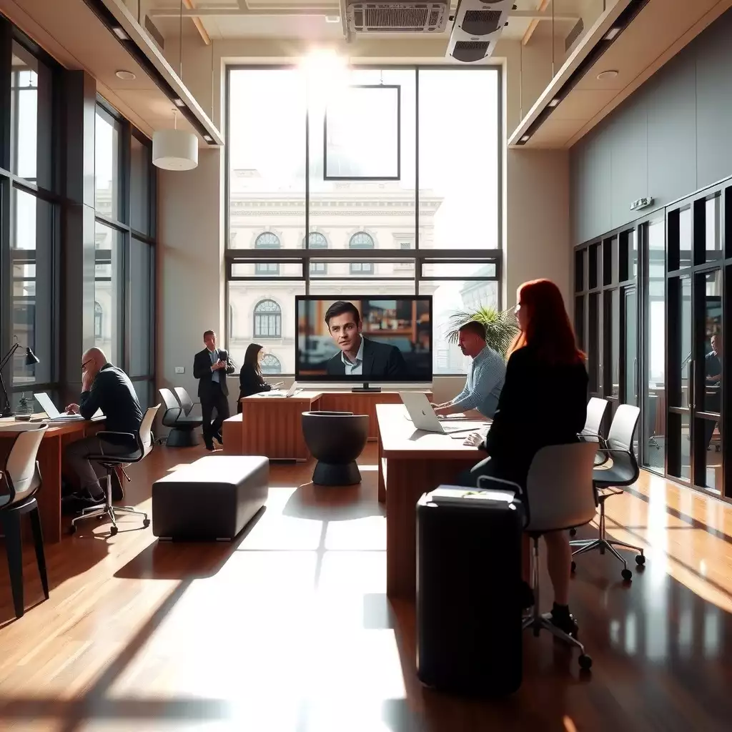 A modern conference room featuring sleek design elements, collaborative workspaces, and professionals engaged in discussions, capturing a vibrant and innovative business environment.
