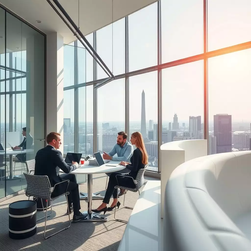 A modern office space in Washington, D.C., featuring professionals collaborating around digital devices, with secure data storage solutions and iconic city architecture in the background, emphasizing cybersecurity and innovation.