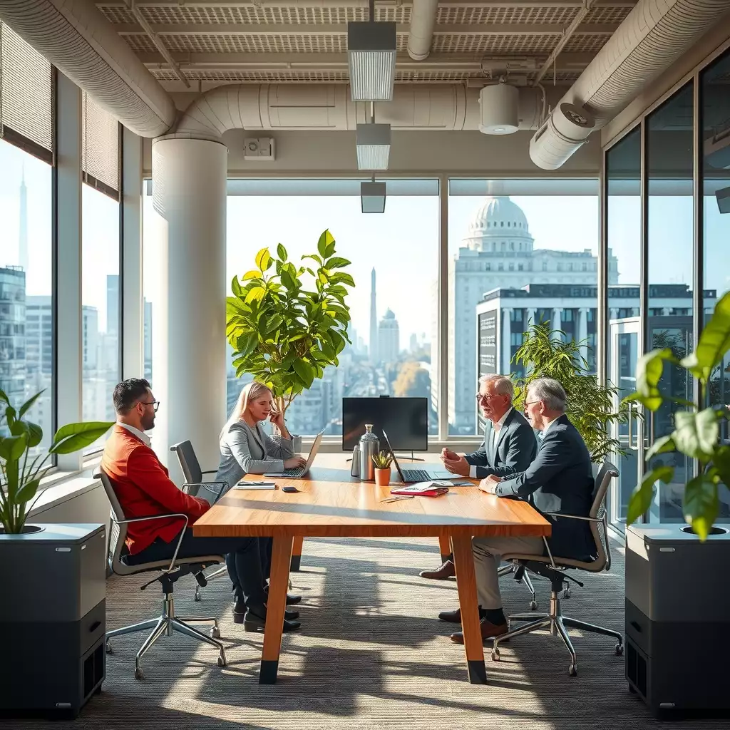 A modern office scene in Washington, D.C., featuring diverse professionals collaborating around a conference table, surrounded by contemporary decor and urban elements.