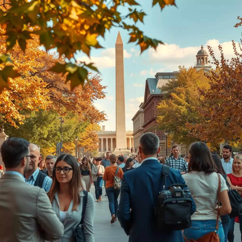 A vibrant urban scene in Washington DC, featuring iconic monuments, diverse professionals engaging in conversations, and elements representing digital marketing strategies amidst a backdrop of autumn foliage.